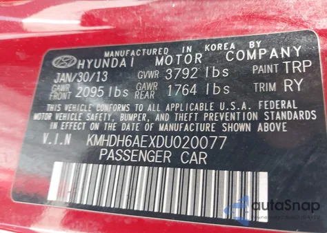 2013 Hyundai Elantra Gs from USA, damaged, VIN KMHDH6AEXDU020077